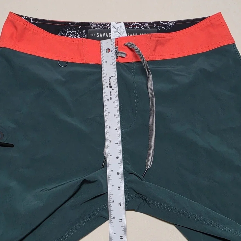 Roark Revival The Savage Board Shorts Men 34 Dark Green Orange Stretch Surf Swim